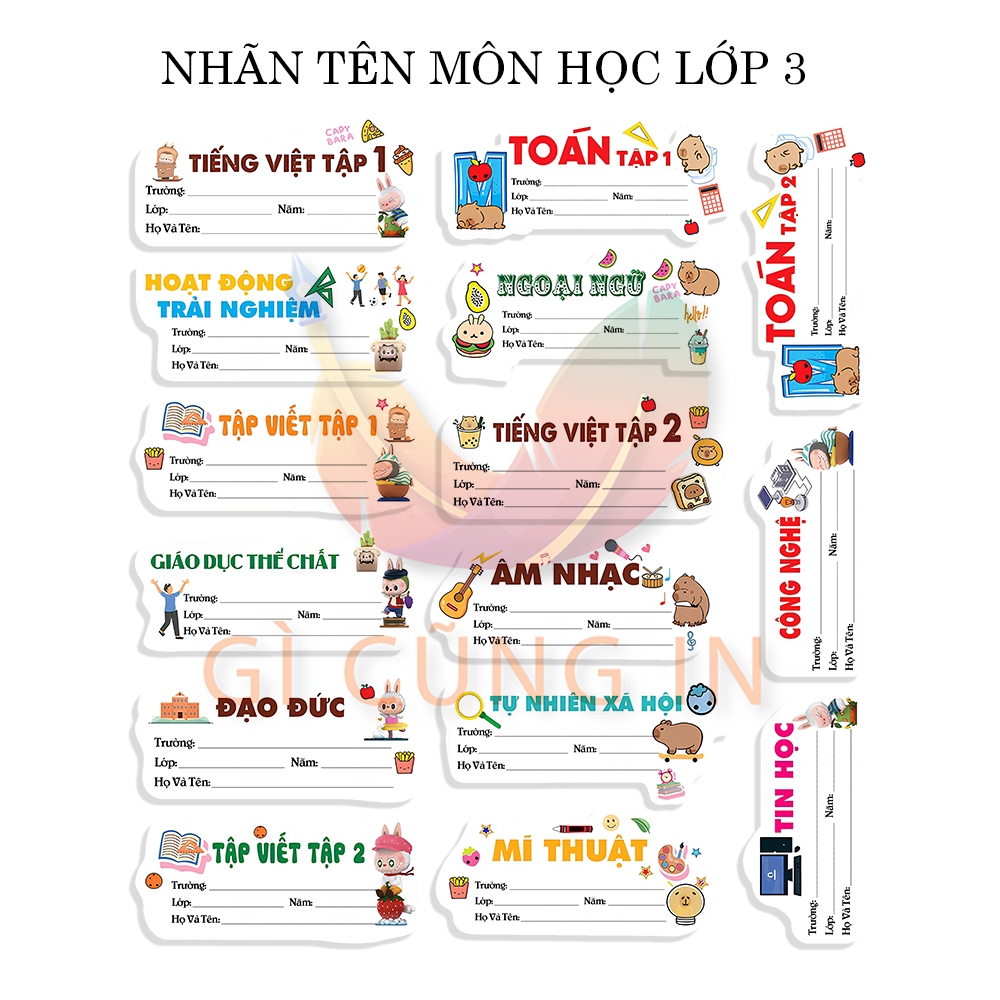 Combo 30 Nhãn Vở Lớp 3 – 15 Nhãn In Sẵn Môn + 15 Nhãn Trống Tự Ghi – Thiết Kế Chibi Dễ Thương