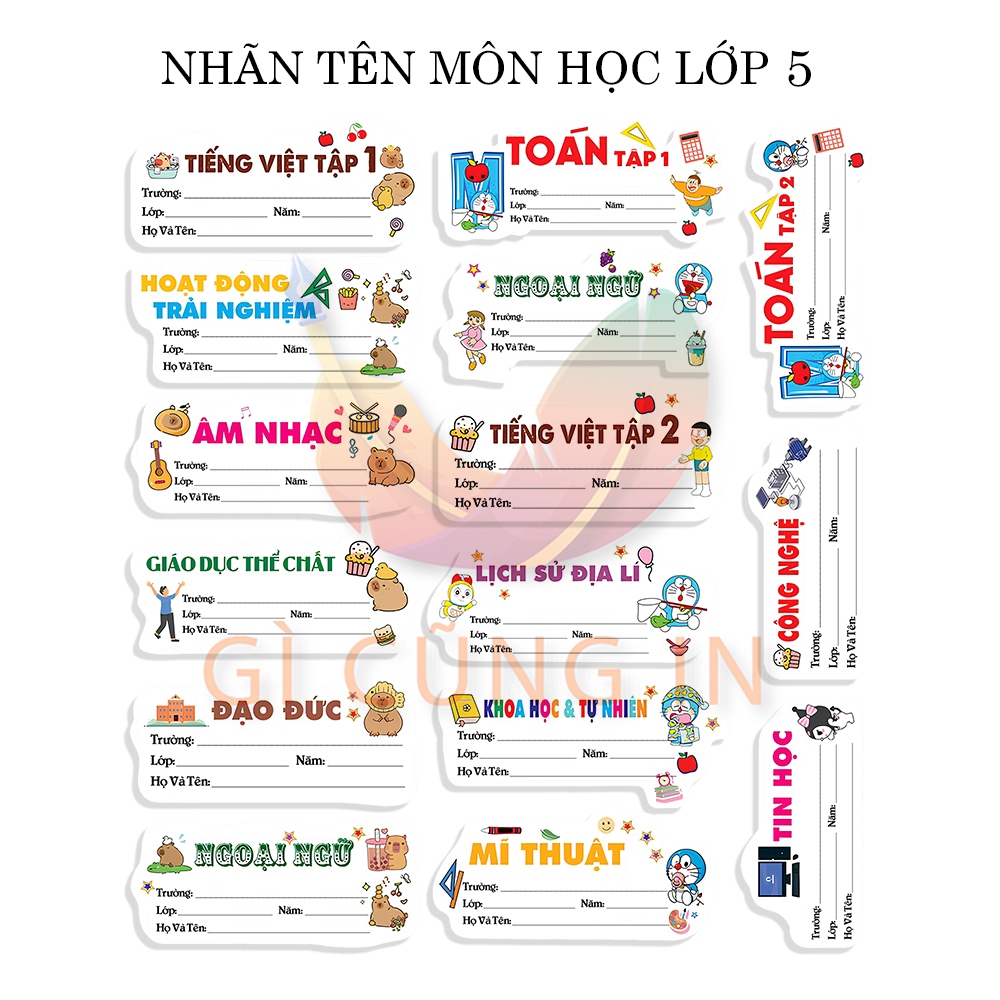 Combo 30 Nhãn Vở Lớp 5 – 15 Nhãn Môn Học + 15 Nhãn Trống – Hình Thú Chibi Dễ Thương, Dễ Ghi Chép