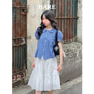 BARE_ Áo Sơ Mi Cổ Sen Kẻ Tay Bồng, Áo Babydoll Kẻ Caro Chất Thô Cotton Kiểu Dễ Thương_A558