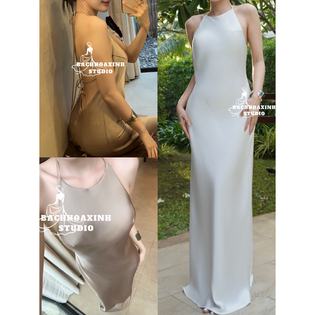 SẴN MÚT || Đầm lụa dài YẾM CỘT 4 dây hở lưng sang chảnh – Váy maxi dự tiệc basic thiết kế tôn dáng  – BACHHOAXINH