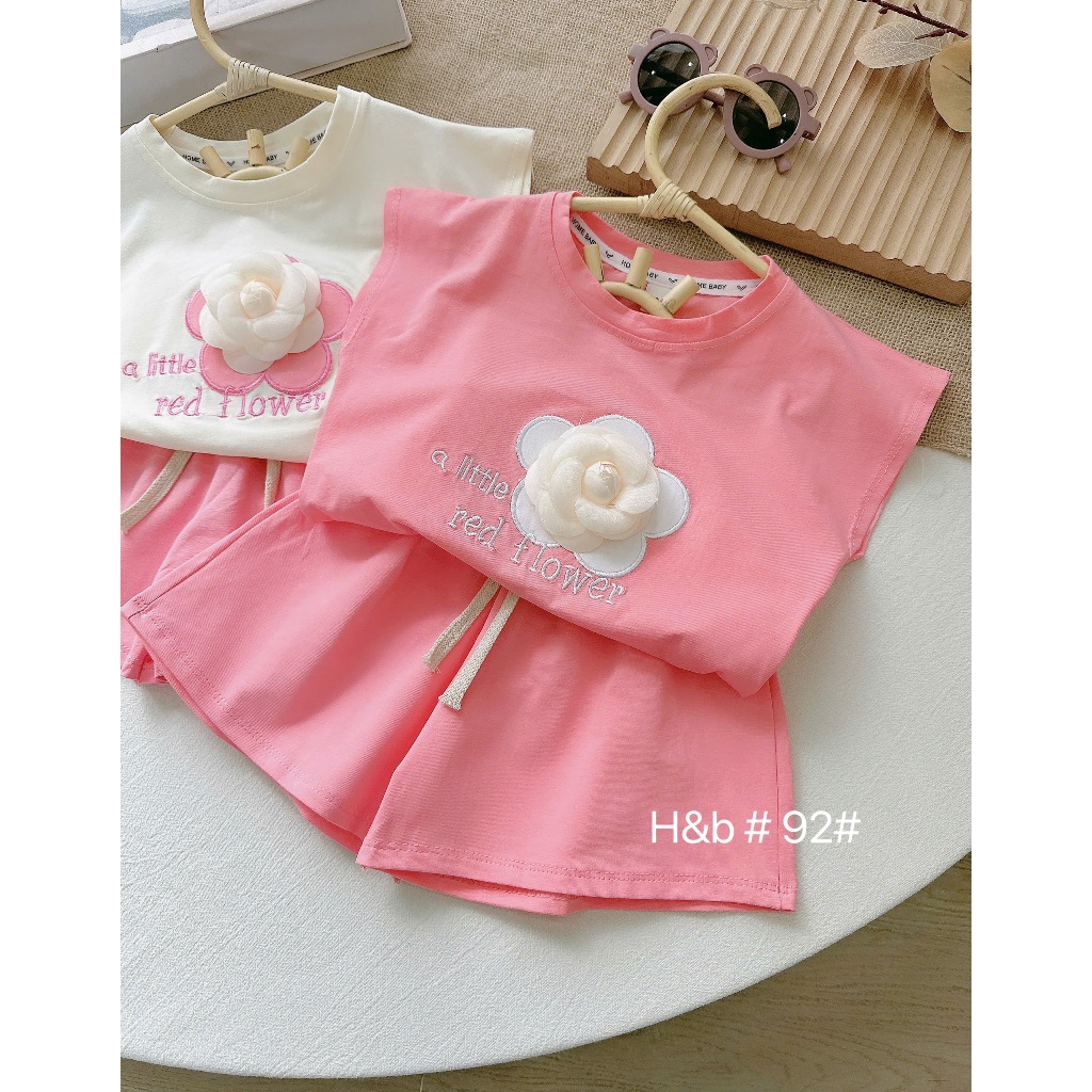 Bộ đồ quần áo bé gái cổ tròn tay hến đính nơ cho bé yêu từ 8-18kg