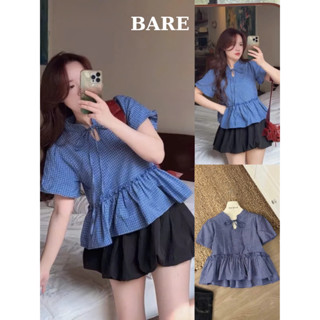 BARE_Áo Babydoll Kẻ Cổ Tàu Buộc Dây Cộc Tay, Áo Babydoll Nữ Ngắn Tay Buộc Nơ Dáng Rộng Chất Thô_A557