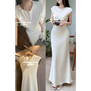 Váy lụa dáng dài suông cổ TRÒN tay NGẮN rộng – Đầm basic lụa Hàn thanh lịch sang trọng đi tiệc
