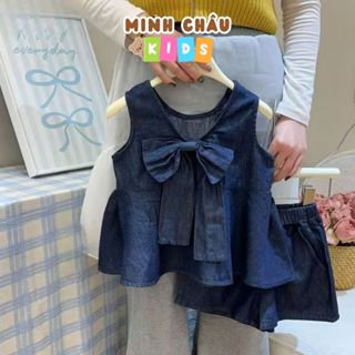 Set Jean Phối Nơ Dễ Thương Cho Bé Gái 8-35Kg Áo Kèm Quần Short Đi Chơi Đi Học Minh Châu Kids SB6