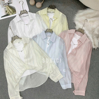   Tặng Áo Trong  Áo Sơ Mi Nữ Voan Sọc Pastel Tay Dài Mùa Hè Hình Thêu Ngựa Dáng Lửng Xoắn | SUBICI 