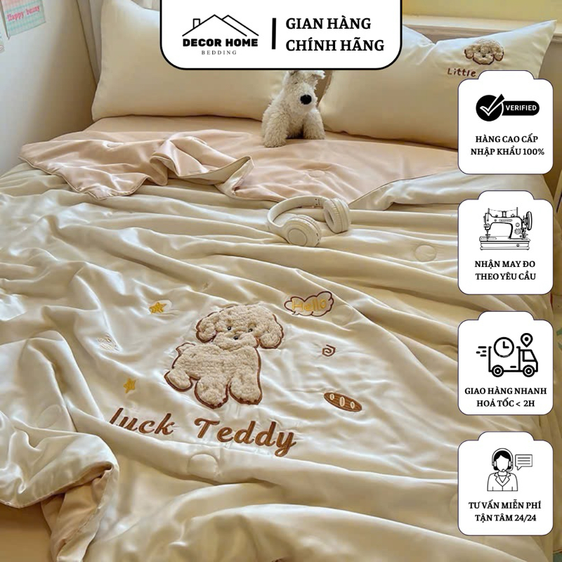 Bộ chăn ga gối phi lụa thêu 5D cao cấp chăn hè trần bông, Chất liệu phi lụa mới bóng mượt hơn, mềm m