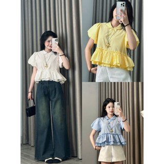 Áo sơ mi Babydoll cổ tròn bèo nhún, khuy ngọc trai tay bồng dáng ngắn DORIA  A26234_P0K46