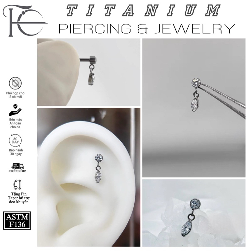 Khuyên Titan F136 Đá Thả Hình Giọt Nước