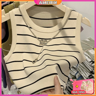 Áo Croptop Nữ Ba Lỗ Ôm Body Kẻ Ngang, Áo Croptop Cổ Tròn Basic Sát Nách Kèm Vòng Cổ AMERIN CR001