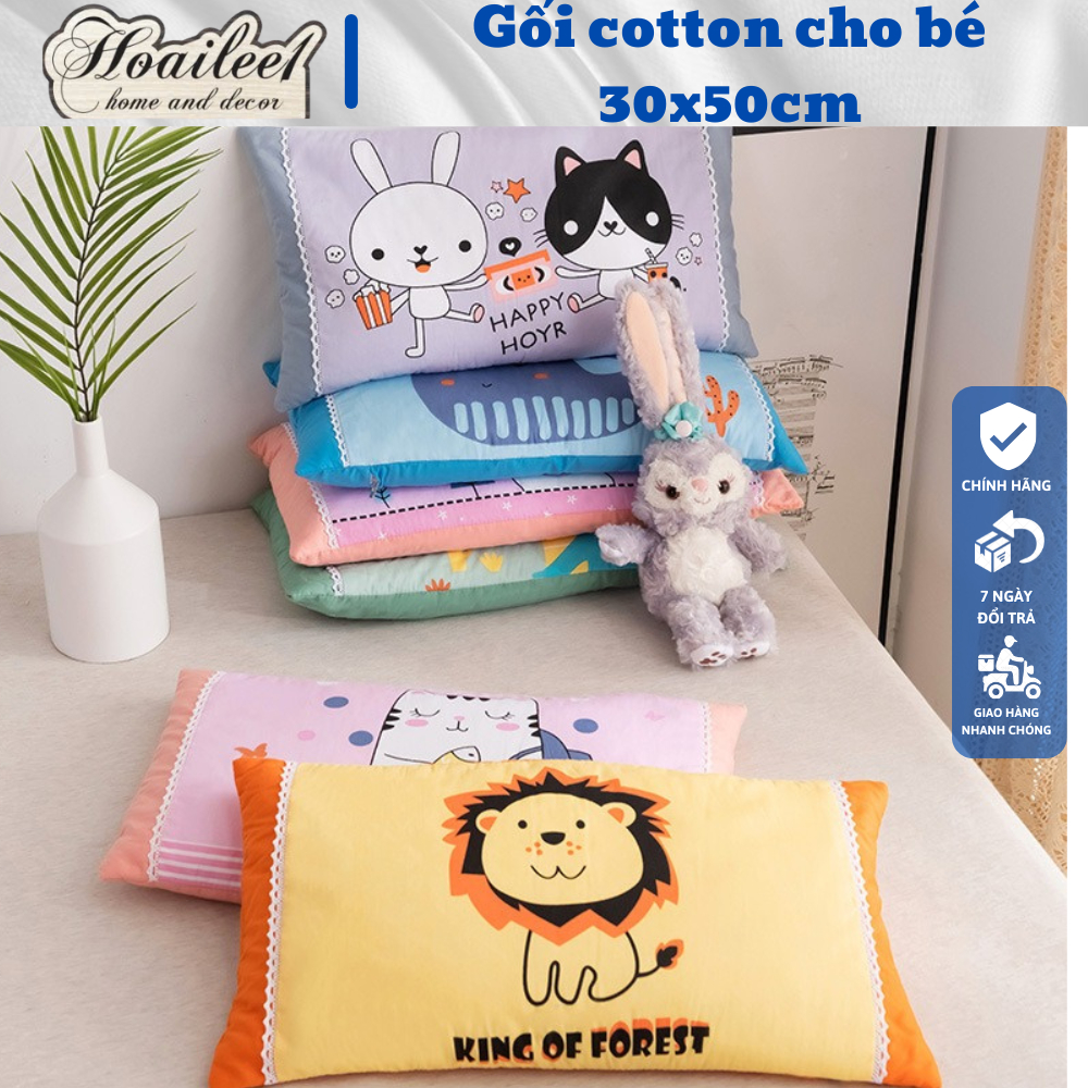 Gối Trẻ Em Cotton 100%- Hoạ Tiết 3D Ngộ Nghĩnh - Kèm Ruột Bông Trắng Tinh Khiết- Mềm Mại- Viền Ren S