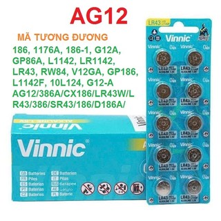 Vỉ 10 Pin cúc áo VINNIC AG12 / LR43 / SR43SW / LR1143 / 186 /386 dùng cho đồng hồ đeo tay thiết bị điện tử AG12