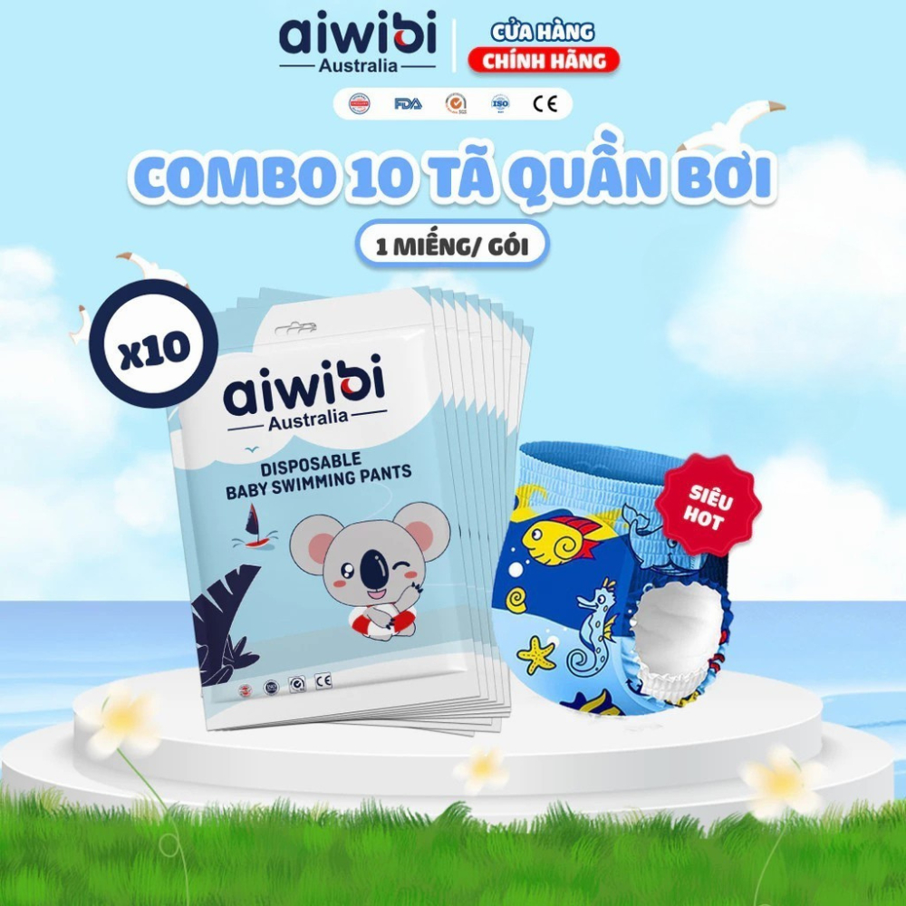 (Combo 10) Tã/Bỉm bơi cao cấp AIWIBI 1 miếng/gói
