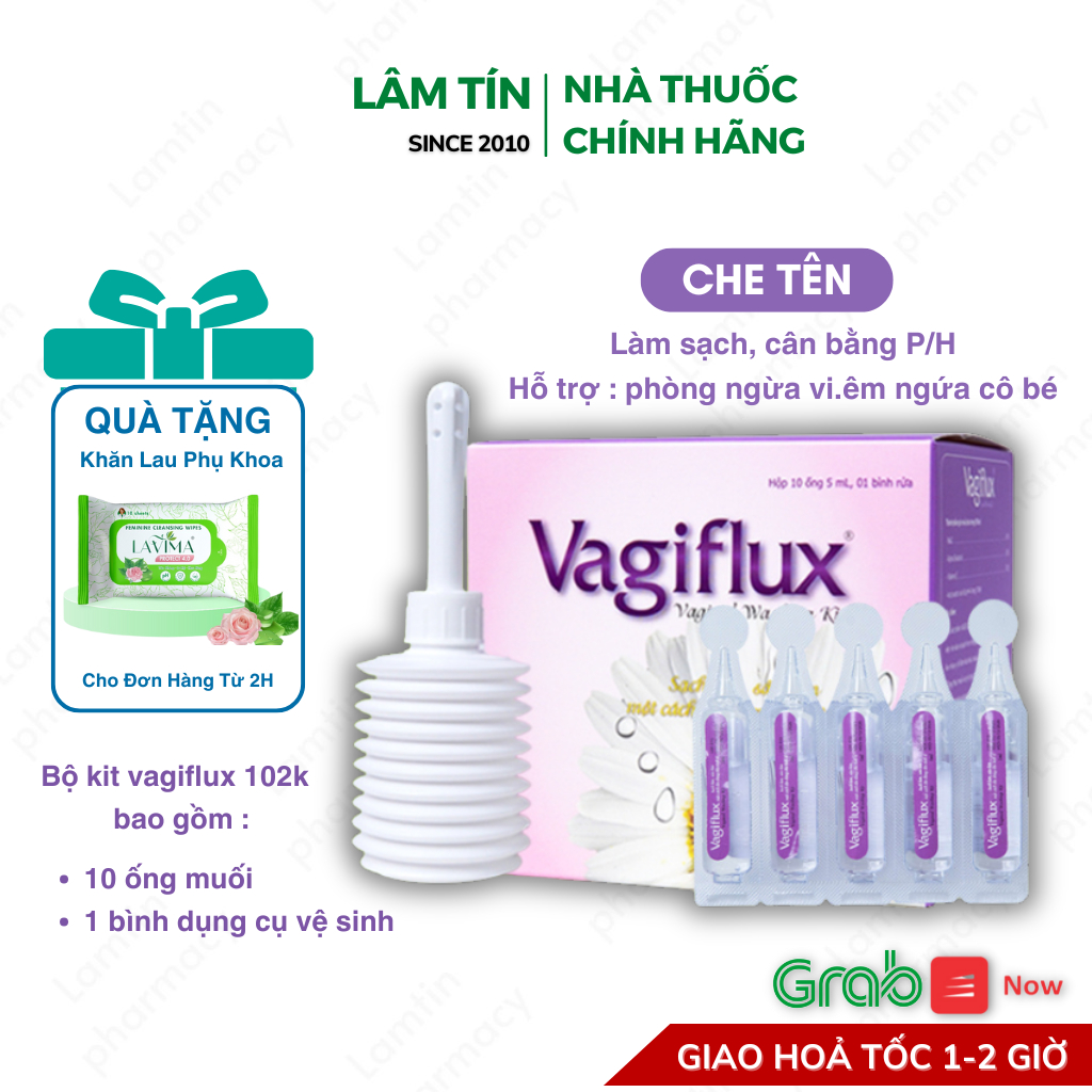 Vagiflux bình rửa vệ sinh phụ nữ - 1Hộp gồm 1 bình và 10 ống muối giúp vệ sinh giảm ngứa cho cô bé