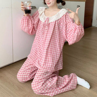 Bộ Đồ Ngủ Pijama Kiểu Nữ Kẻ Caro Mặc Nhà Mùa Hè Thắt Nơ Xinh Xắn Áo Tay Dài Quần Dài - Pink