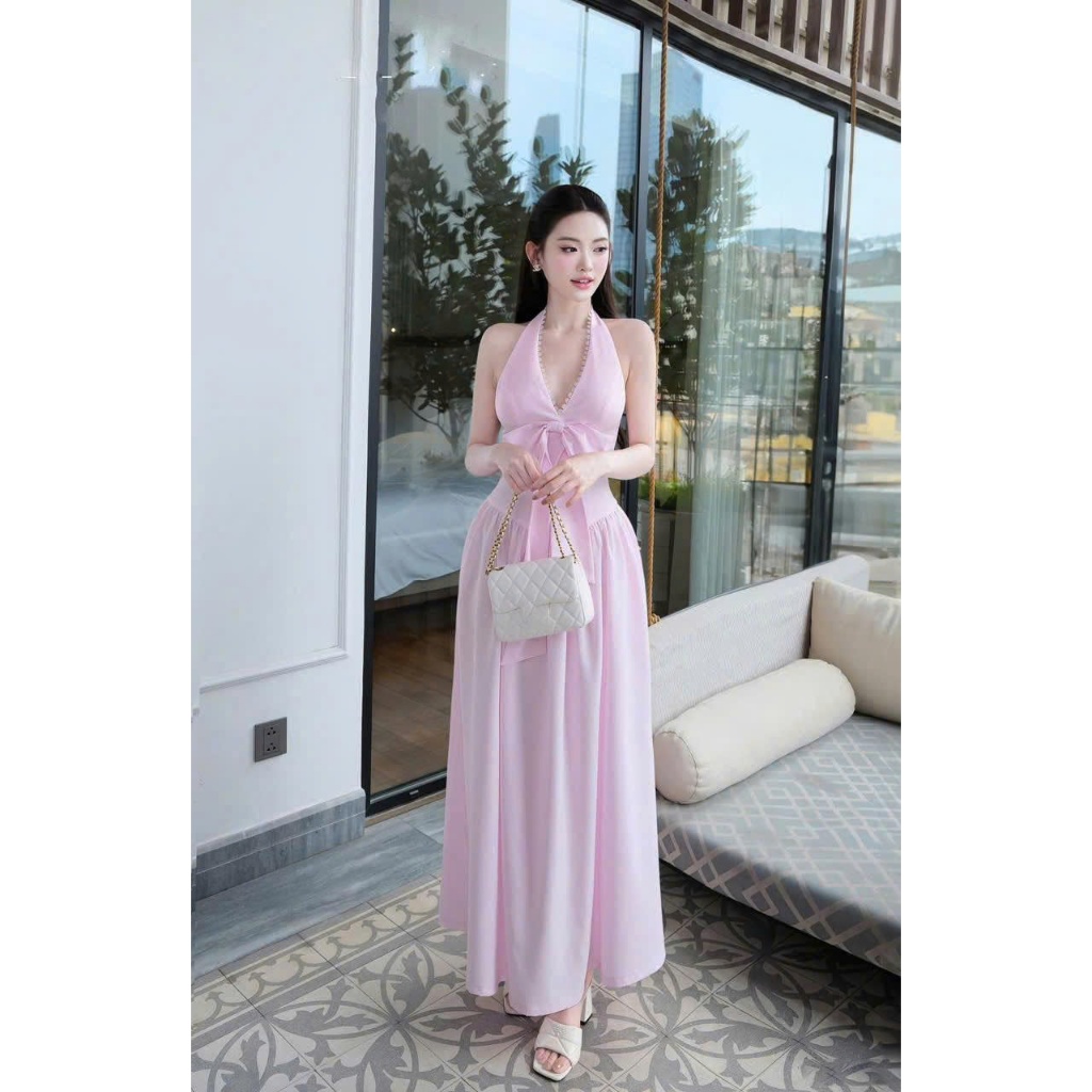 Đầm nữ dự tiệc cổ yếm dáng dài lụa cao cấp – Đầm nữ dáng dài tiểu thư hot trend - Mẫu đầm dự tiệc ho