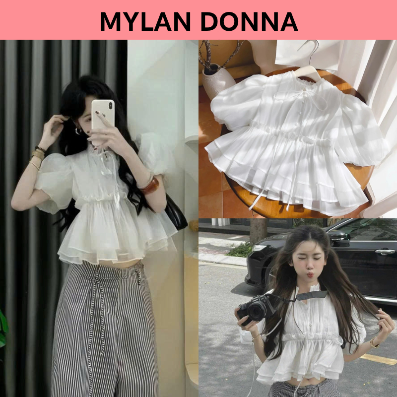 Áo Sơ Mi Babydoll Croptop Tay Phồng Cúc Ngọc Đính Nơ Chất Tơ Xốp | BigBuy360 - bigbuy360.vn