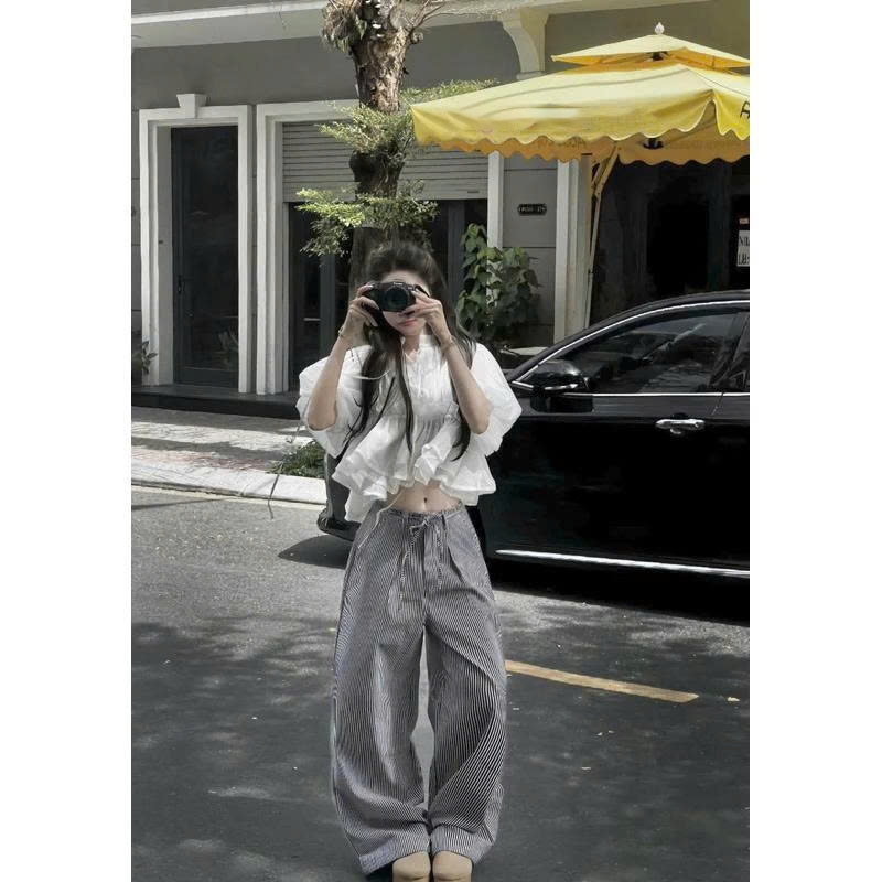 Áo Sơ Mi Babydoll Croptop Tay Phồng Cúc Ngọc Đính Nơ Chất Tơ Xốp | BigBuy360 - bigbuy360.vn