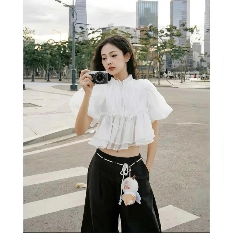 Áo Sơ Mi Babydoll Croptop Tay Phồng Cúc Ngọc Đính Nơ Chất Tơ Xốp | BigBuy360 - bigbuy360.vn