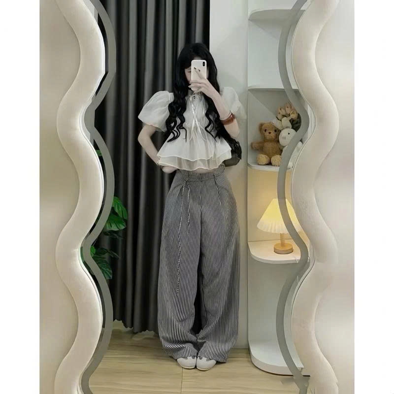 Áo Sơ Mi Babydoll Croptop Tay Phồng Cúc Ngọc Đính Nơ Chất Tơ Xốp | BigBuy360 - bigbuy360.vn