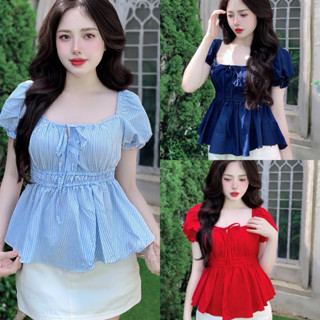 ÁO babydoll cổ vuông thắt nơ tay phồng Bigsize 40-85kg (579) chất liệu lụa hàn và đũi sọc kiểu dáng chiết eo trẻ trung