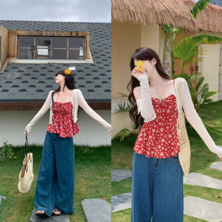 [HÀNG SẴN] Set Áo 2 Dây Hoa Nhí Nơ Ngực ĐỎ Kèm Áo Khoác Mỏng Viền Ren BE LANA