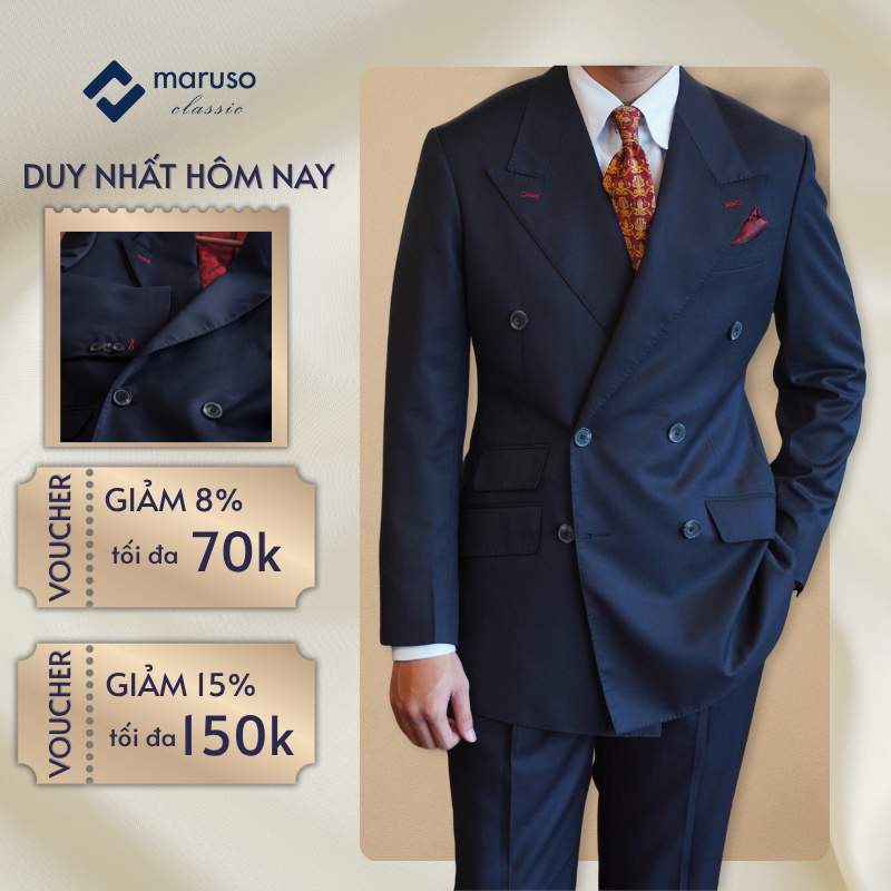 Áo Blazer nam cao cấp MARUSO CLASSIC màu dark navy 2 hàng khuy, túi nắp ẩn, lót lụa pha polo tinh tế