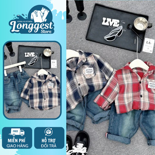 Set sơ mi quần jeans bé trai, bộ quần áo sơ mi caro quần bò thời trang phong cách Hàn Quốc cho bé trai đi học