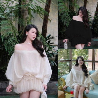 Bigsize Đầm voan trễ vai tay dài dáng bí phối hoa eo 55-95kg D481