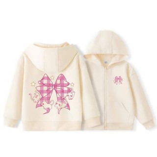Áo khoác bé gái Hoodie zip nỉ bông phong cách Hàn,in pet 5D hình mèo và nơ