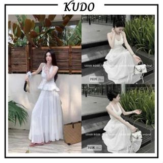Set 2 món áo cổ yếm lưng chun ôm body khoe dáng phối bèo tầng mix chân váy maxi xoè phồng tiểu thư đi biển KUDOSHOP