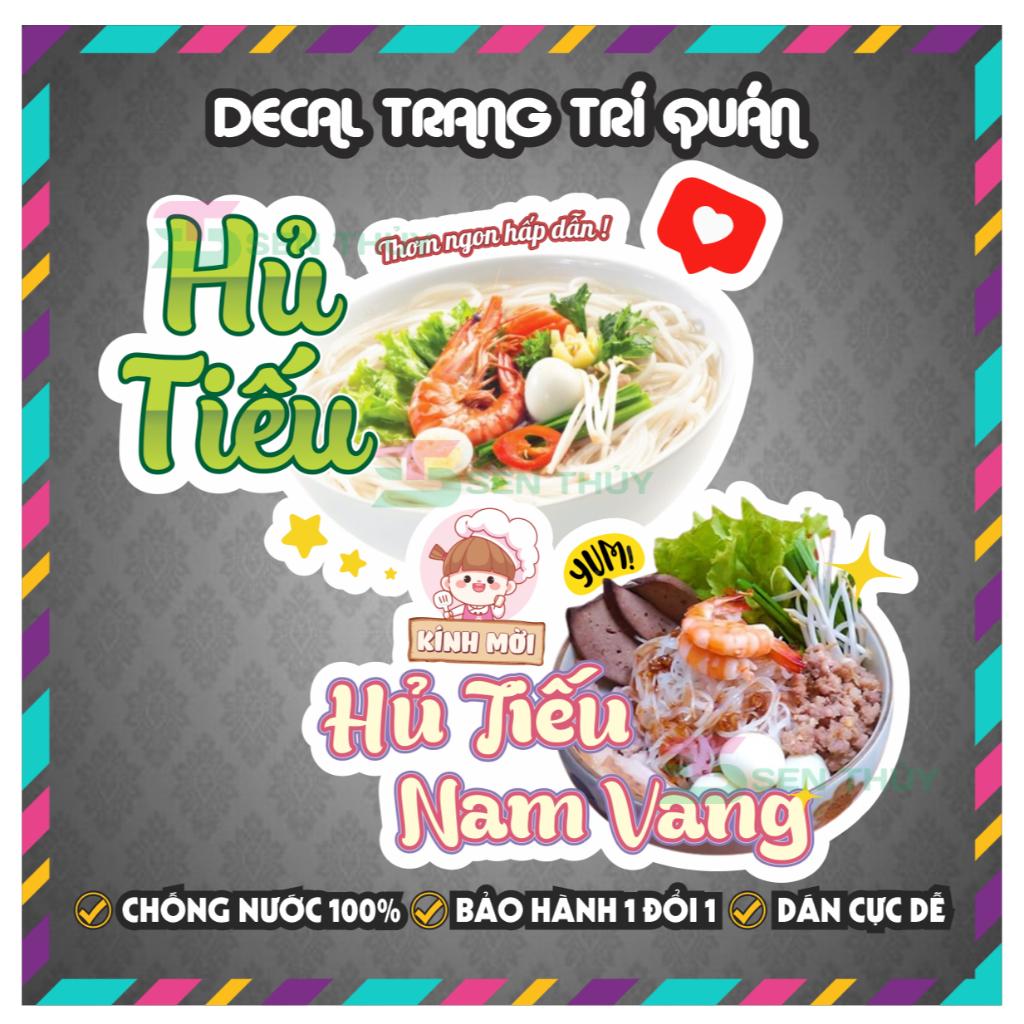 Decal HỦ TIẾU - Decal Dán Tường Trang Trí Quán Ăn, Trà Sữa, Cà Phê - Chống Thấm Nước, Chống Nắng, Cắ