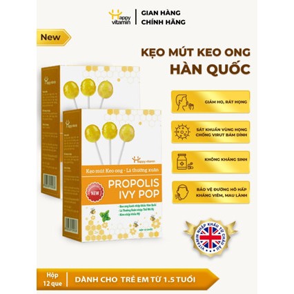 Kẹo mút ho keo ong lá thường xuân Happy Vitamin - Combo 2 Hộp hỗ trợ ngăn ngừa ho, viêm họng, bảo vệ vòm họng 12 que/hộp