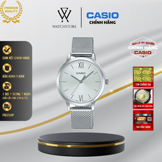 Đồng Hồ Casio Nữ LTP-E157M-7ADF Màu Trắng Ánh Kim Mặt Kính Khoáng 32mm Dây Mesh Kim Loại Không Gỉ Kháng Nước Chính Hãng