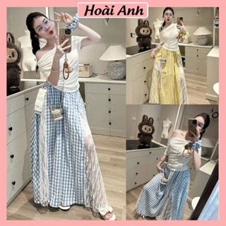 Set Bộ Đồ Nữ Áo Thun Trắng Lệch Vai Nhún Rúm Eo Mix Chân Váy Caro Thô Đũi Phối Ren Hoa Lưới Dáng Dài