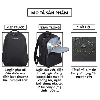Ba lô laptop 14 inch Simplecarry B2B02 thời trang, chất liệu vải chống thấm, phù hợp nam nữ mang đi học đi làm hàng ngày