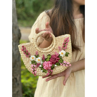 (Kho sỉ) Túi Cói , lục bình vintage hàng thêu hoa ruy băng