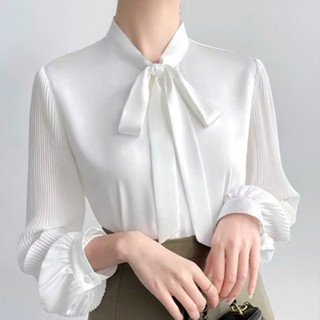  Áo sơ mi nữ cổ nơ thiết kế tay dài xếp ly phối voan cao cấp - A311 