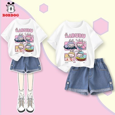 Set mùa hè bé gái BOBDOG  áo cộc quần jean in hình Labubu cho bé C+QB005-KS76