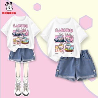 Set quần áo mùa hè cho bé gái BOBDOG hot, áo cộc quần jean in hình LABUBU C+QB005-KS76 cho bé