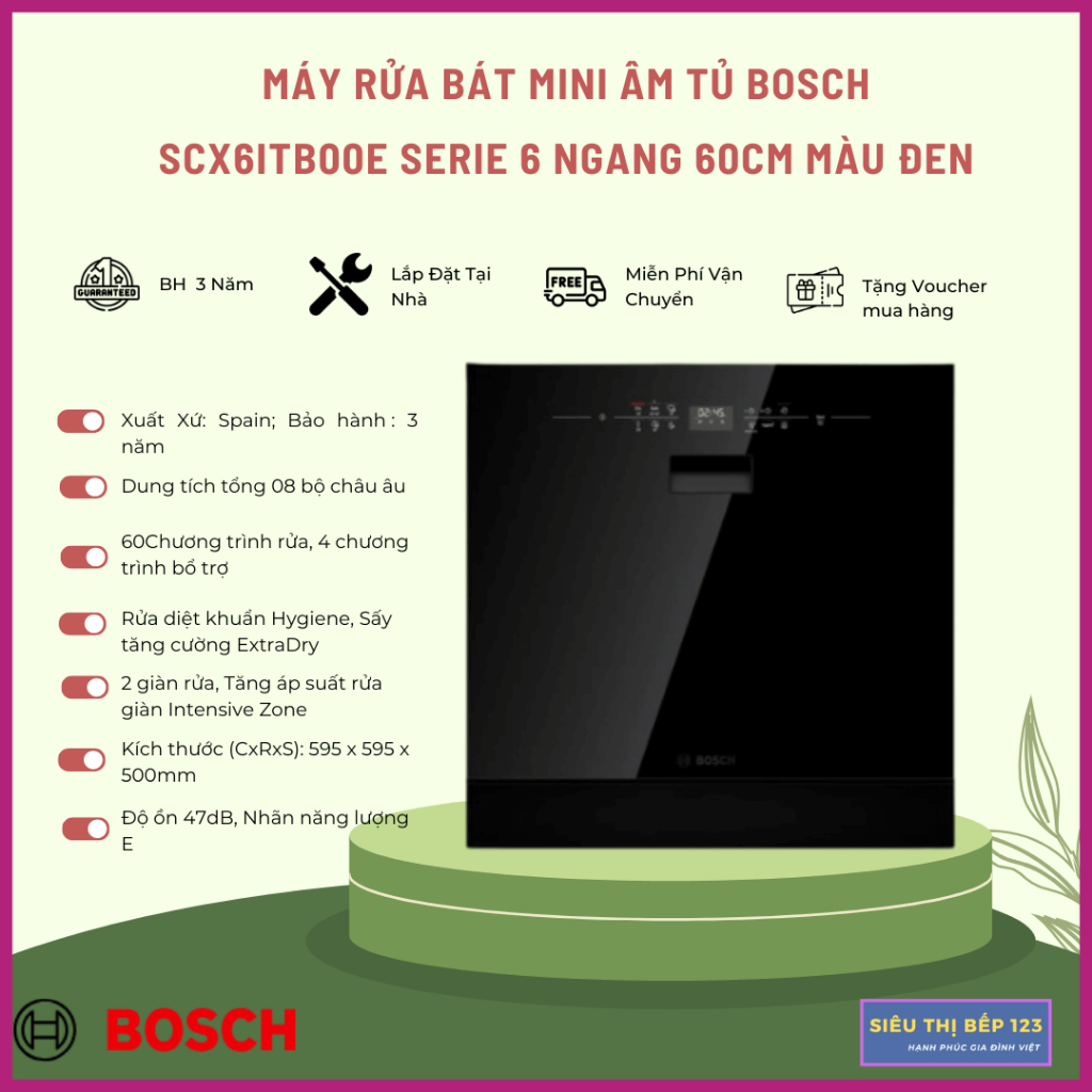 MÁY RỬA BÁT MINI ÂM TỦ BOSCH SCX6ITB00E SERIE 6: NHẬP KHẨU TÂY BAN NHA, BẢO HÀNH 3 NĂM TẠI NHÀ