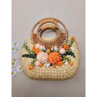 Túi cói lục bình handmade thêu hoa ruy băng hàng loại 1 hàng cao cấp