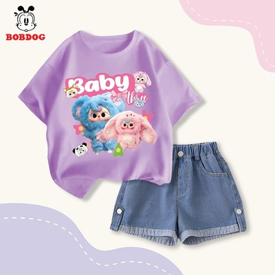 Đồ bộ mùa hè bé gái BOBDOG set áo cộc quần jean in hình babythree C+QB005-KS201 cho bé