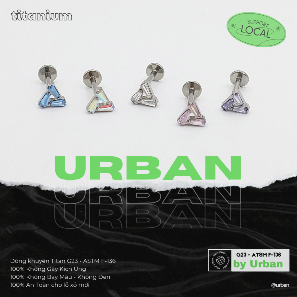 [1 Mặt Khuyên] Khuyên tai, chất liệu titan G23 F136 PYRAMID Không Ngứa Không Đen urban [XỎ]