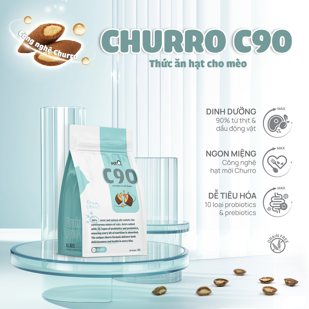 Thức ăn hạt cho mèo PetQ Hạt Churro C90 C90K siêu ngon dinh dưỡng, dễ tiêu hóa hạt cho mèo mọi lứa tuổi 1kg