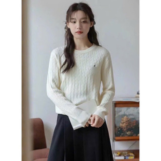 Áo len nữ, áo len tay dài cổ tròn thêu ngựa vặn thừng hàng len dêt kim QCCC chất lem mềm min màu trắng đen xám xanh đỏ -