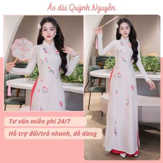  Áo dài trắng áo dài thiết kế gấm vân gỗ thêu thủ công phối hồng Áo dài Quỳnh Nguyễn MÃ TK191 