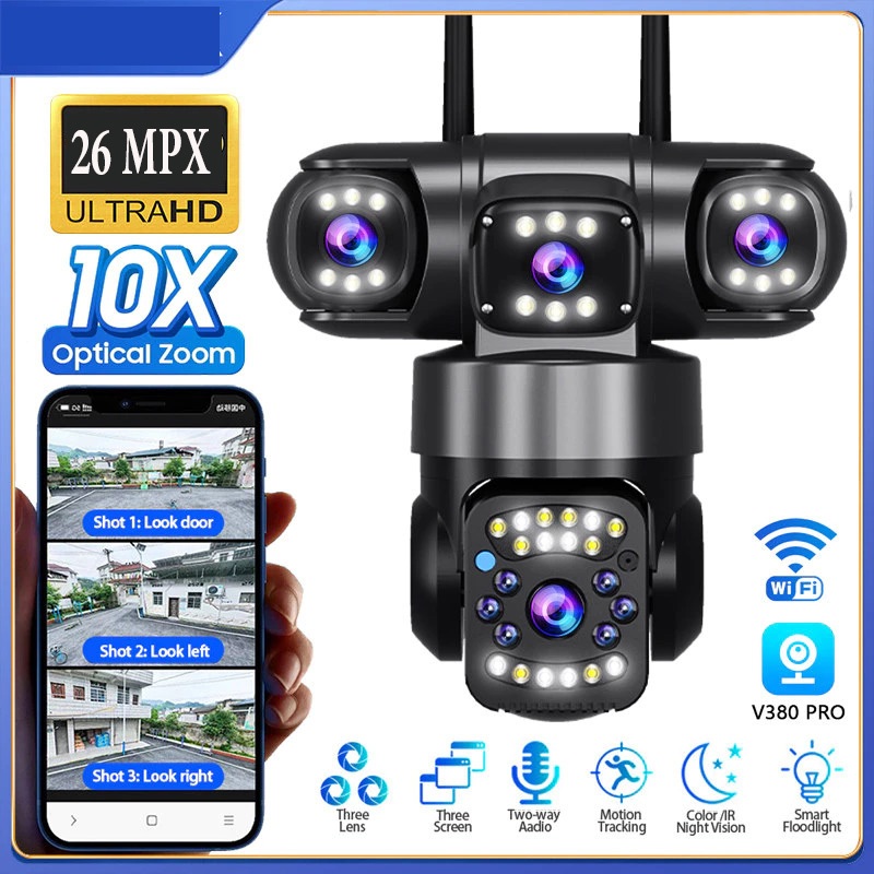 Camera 4 Mắt Wifi Ngoài Trời 360 độ 26MP PTZ ,Đàm Thoại 2 Chiều,Zoom 10X, Theo Dõi Chuyển Động