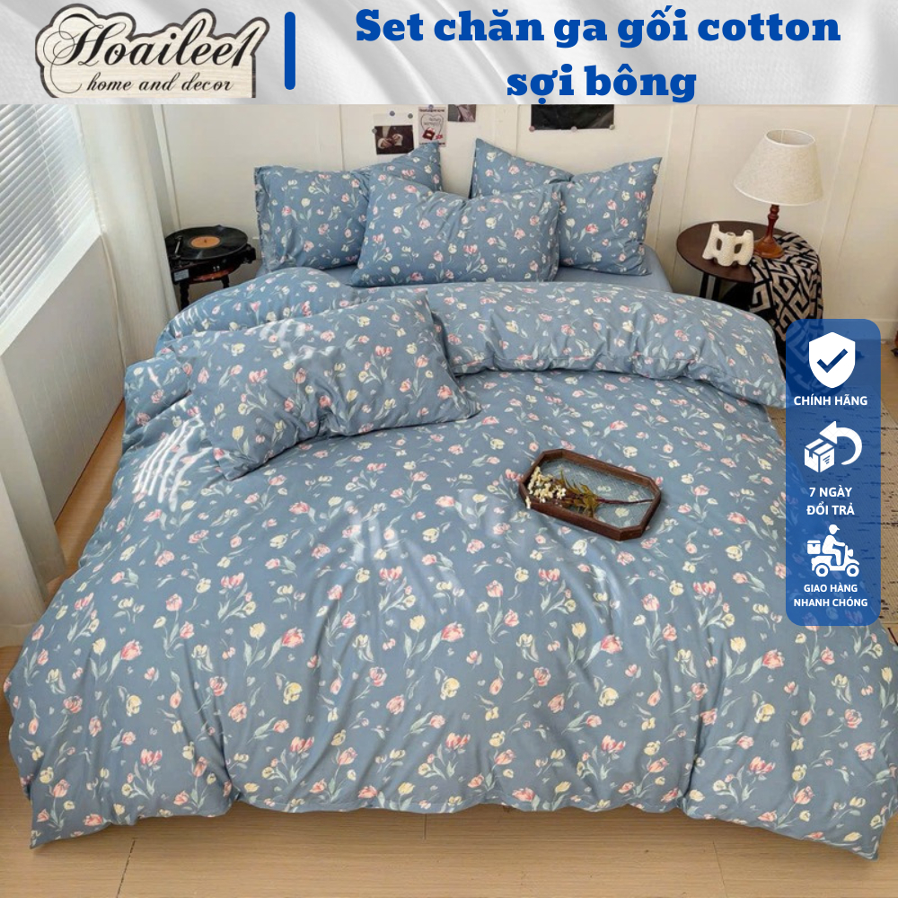 Bộ chăn ga gối Cotton Cotton sợi bông Hàn Quốc cao cấp, set chăn ga gối cotton cao cấp nhập khẩu đủ 