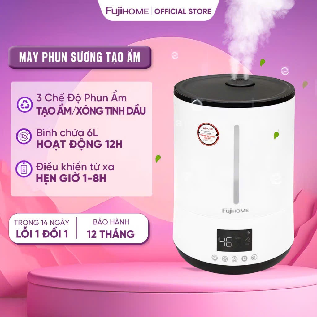 Máy phun sương tạo ẩm 6L Fujihome HM06E , máy bù ẩm khuếch và tán tinh dầu điều khiển từ xa 3 chế độ