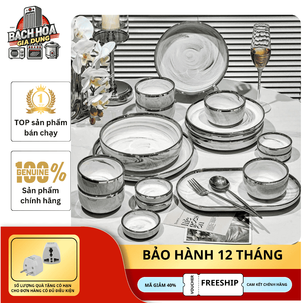 Bộ Bát Đĩa Đẹp Chén Đĩa Sứ 26 Món Viền Vàng Cao Cấp Bắc Âu Dành Cho 6 Người Ăn Sang Trọng